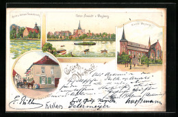 Lithographie Wegberg, Restaurant Zur Post V. J. Ritter, Kirche, Ruine U. Schloss Tüschenbroich  - Wegberg