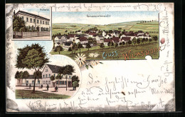 Lithographie Bannewitz-Wilmsdorf, Grundstück V. Robert Rüger, Schule, Gesamtansicht  - Bannewitz