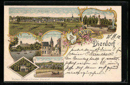Lithographie Dierdorf, Totalansicht, Schloss-Ruine, Mausoleum  - Dierdorf