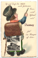 Leporello-AK Duisburg, Männlein Mit Bildern In Der Tasche, Hafenpartie Mit Dampfer, Königstrasse, Stadttheater  - Théâtre