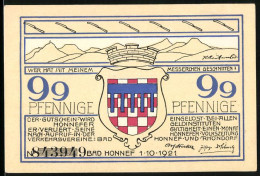 Notgeld Bad Honnef 1921, 99 Pfennig, Bergpanorama, Stadtwappen  - Lokale Ausgaben