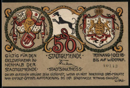 Notgeld Tettnang 1918, 50 Pfennig, Ritter Und Bauernfrau Beim Äpfelpflücken, Wappen  - [11] Emissions Locales
