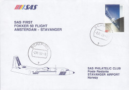 Netherlands SAS First Fokker 50 Flight AMSTERDAM - STAVANGER Norway, SCHIPHOL 1992 Cover Brief Lettre - Airmail