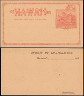 Hawaii Postal Stationery Card 1890s. Honolulu Bureau Of Immigration - Hawaii