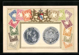 AK Briefmarken Und Wappen Bayerns, 3-Mark-Münze Prinz Luitpold  - Sellos (representaciones)