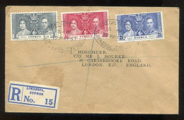 CYPRUS KGVI 1937 Coronation . Registered Limassol 12 May 37  First Day Cover.. WALTHAMSTOW On Arrival - Cyprus (...-1960)