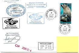 PO - 190 - Enveloppe TAAF St Paul Amsterdam - Cachets Navire Marion Dufresne 2003 - OP 2003/4 - Lettres & Documents