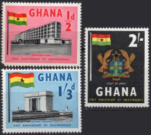 GHANA/1958/MNH/SC#17, 19 MH-20/ 1ST ANNIV. OF INDEPENDENCE/ COAT OF ARM/ NATL. MONUMENT/ SHORT SET - Ghana (1957-...)