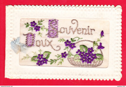 Brodee-291A109  Doux Souvenir, Panier De Fleurs, Lettres Dorées, Carte Double, BE - Brodées