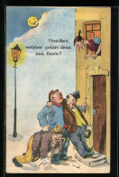 Künstler-AK Frauchen, Welcher Gehört Denn Nun Ihnen? Bote Schleift Zwei Betrunkene Vor Einer Haustür  - Humor