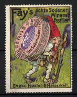 Reklamemarke Fay`s ächte Sodener Mineral-Pastillen, Gegen Husten & Heiserkeit, Zwerg Mit Dose Beim Wandern  - Vignetten (Erinnophilie)