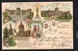 Lithographie Bad Oeynhausen, Thermalbad, Soolbad, Hermanns-Denkmal, Kaiser-Denkmal An Der Porta  - Bad Oeynhausen