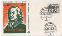 Germany Deutschland 1965 FDC Matthias Claudius, German Poet, Journalist “Asmus”, Canceled In Hamburg-Wandsbek - 1961-1970