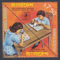 1984 Bangladesh 1st National Philatelic Exhibition Triangular Stamp On Stamp Child Children Odd Shape 2v MNH Stamp - Stamps On Stamps