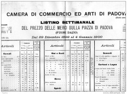 1900 PADOVA  - LISTINO SETTIMANALE DEL PREZZO DELLE MERCI SULLA PIAZZA DI PADOVA - Italia
