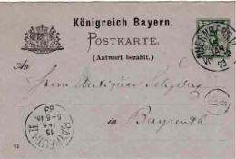 POSTKARTE BAYERN Antwort Bezahlt P48 (Michel) - Nuremberg 15 Janvier 1893 Pour Bareuth - Postal  Stationery