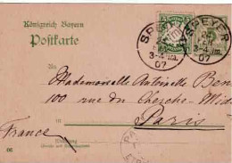 POSTKARTE BAYERN P79 + 61 (Michel) - Speyer 24 Février 1907 Pour Paris - Postal  Stationery
