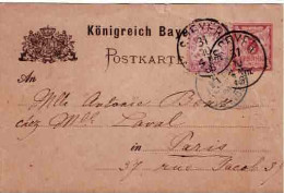 POSTKARTE BAYERN P26 + 55 (Michel) - Speyer 31 Octobre 1866 Pour Paris - Cachet étranger Bleu - Postal  Stationery