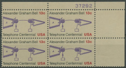 USA 1976 100 J. Telefon A. Graham Bell 1253 4er-Block Pl.-Nr. 37292 Postfrisch - Plattennummern