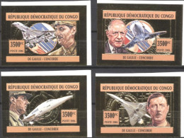 Congo Ex Zaire 2006, Aircraft, Concorde, De Gaulle, 4val GOLD IMPERFORATED - Concorde