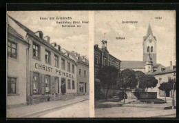 AK Helmbrechts, Geschäftshaus Christ. Pensel, Hoferstrasse 240, Louitpoldplatz Mit Rathaus Und Kirche  - Helmbrechts