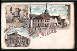 Lithographie Willich, Marktplatz, Kaiserplatz, Petersstrasse, Willicher-Bräu  - Willich
