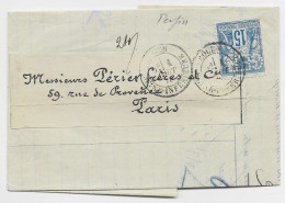 FRANCE SAGE 15C N°90 PERFORE C.E.R DENTS COUPEES COMME ROULETTE LETTRE COVER ROUEN 1 AOUT 1878 - Storia Postale