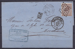 L. Affr. N°19 Lpts 77 Càd CHARLEROY /23 NOV 1868 Pour BORDEAUX [PD] - Càd Entrée "BELG. Par ERQUELINNES" (au Dos: Càd "F - 1865-1866 Perfil Izquierdo