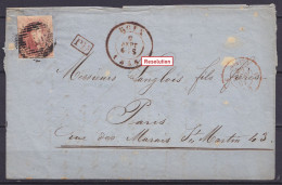 L. De Sart-lez-Moulin Affr. N°8 (margé) P160 Càd ROUX /9 SEPT 1856 Pour PARIS - [PD] Càd "BELG.5 VALnes" (au Dos: Càd Ar - 1851-1857 Medaillons (6/8)