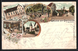 Lithographie Ostheim B. Butzbach, Wirtschaft Von J. Fett, Kirche, Garten  - Butzbach