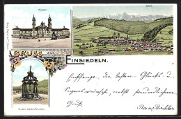 Lithographie Einsiedeln, Kloster, Mutter Gottes Brunnen, Blick Zum Ort  - Einsiedeln