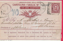 INTERO CARTOLINA-VAGLIA UMBERTO C.10 DA LIRE 4 (CAT. INT.5C)- ANNULLO TONDO RIQUADRATO "PALERMO 11.1.94* PER MILANO - Postwaardestukken