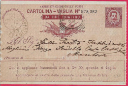 INTERO CARTOLINA-VAGLIA UMBERTO C.10 DA LIRE 4 (CAT. INT.5Ba) DA GAZOLDO DELGI IPPOLITI*13.GIU.93* PER MANTOVA - Postwaardestukken