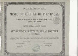 MINES DE HOUILLE DE PROVENCAL ET DES MINES DE PYRITES DE FER DE ST JEAN DU PIN -PRES ALAIS GARD  ACTION DE 500 FRS 1876 - Mines