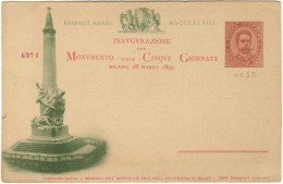 REGNO D'ITALIA 1895 I.P. COMMISSIONE PRIVATA INNAUGURAZIONE MONUMENTO CINQUE GIORNATE DI MILANO NR. 6370 FILAGRANO CC12 - Postwaardestukken