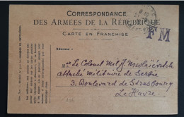 Carte En Franchise Pour Attaché Militaire De Serbie Le Havre 21/9/1918 - Sonstige & Ohne Zuordnung