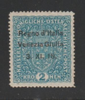 VENEZIA  GIULIA:  1918  SOPRASTAMPATO  -  2 K. AZZURRO  N. -  FILI  DI  SETA  -  TIMBRETTO  CM  -  SASS. 15/I  -  RRR - Venezia Giulia