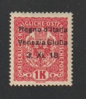 VENEZIA  GIULIA:  1918  SOPRASTAMPATO  -  1 K. ROSA/GIALLO  L.  -  SASS. 14 - Venezia Giulia