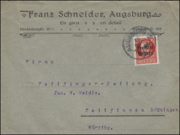 156A Freistaat 15 Pf. EF Auf Brief Einkreis AUGSBURG 15.9.1919 Nach Teilfingen - Brieven En Documenten