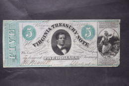 Billet  VIRGINIA TREASURE NOTE 5 DOLLARS 1862 ORIGINAL - Valuta Della Confederazione (1861-1864)