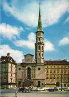 VIENNA, CHURCH, ARCHITECTURE, TOWER WITH CLOCK, CARRIAGE, HORSE, CARS, AUSTRIA, POSTCARD - Iglesias