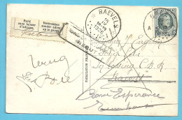 193 Op Kaart Stempel BREE Naar RAEVELS, Strookje "Vertrokken..." Stempel REBUT En Sterstempel (Relais) * RAEVELS * - 1922-1927 Houyoux