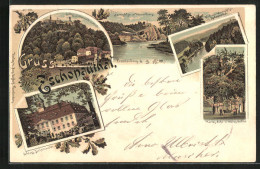Lithographie Lichtenwalde, Schloss Mit Mühle, Harrasfelsen Mit Körnerkreuz, Blick In`s Zschopauthal  - Zschopau