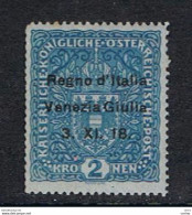 VENEZIA  GIULIA:  1918  SOPRASTAMPATO  -  2 K. AZZURRO  N.  -  SASS. 15 - Venezia Giulia