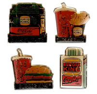 Pin's : Lot De 4 Pin's Coca Cola + Burger King (dont 1 Bas-gauche Est Cassé La Partie Pin Au Dos) - Coca-Cola