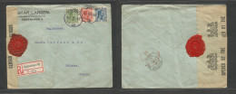 DENMARK. 1919 (10 Jan) Cph - Ceylon, Colombo, Indian Ocean (16 Feb) Registered Tricolor Comercial Multifkd Env At 35 Ore - Andere & Zonder Classificatie