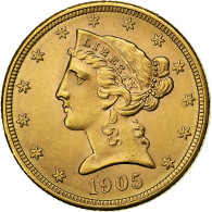 États-Unis, $5, Half Eagle, Coronet Head, 1905, U.S. Mint, Or, SUP, KM:101 - 5$ - Half Eagles - 1866-1908: Coronet Head
