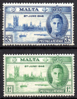 MALTA/1946/MH/SC#206-7/PEACE ISSUE / KING GEORGE VI / KGVI / PARLIAMENT BUILDING LONDON/ FULL SET - Malta (...-1964)