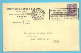 195 Op Kaart Stempel ANTWERPEN Met Firmaperforatie (perfin) " V.F. " Van COMPTOIRS VANDER ELST - 1922-1927 Houyoux