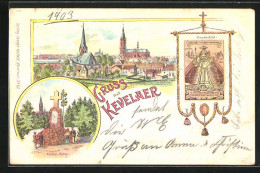 Lithographie Kevelaer, Kroaten-Kreuz, Gnadenbild, Ortsansicht  - Kevelaer